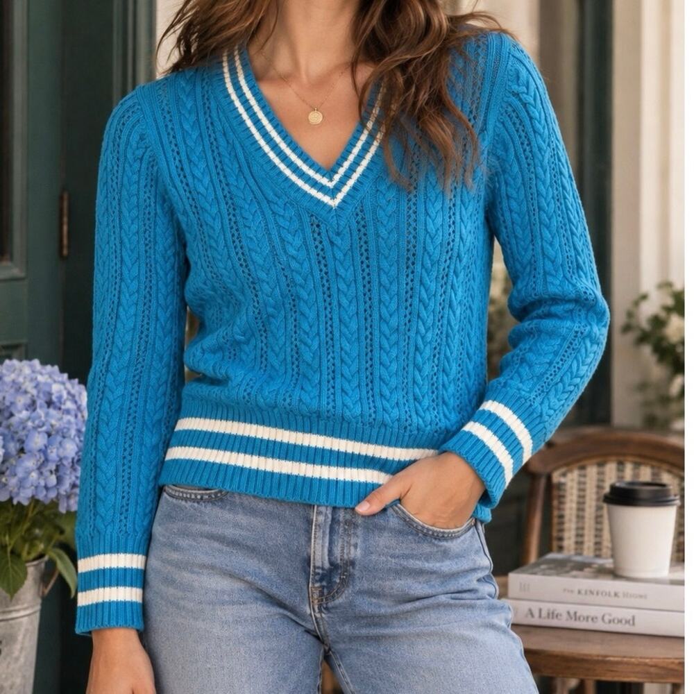 Liz Claiborne Blue V Neck Varsity Trim Cotton Cable Knit Sweater Size Medium